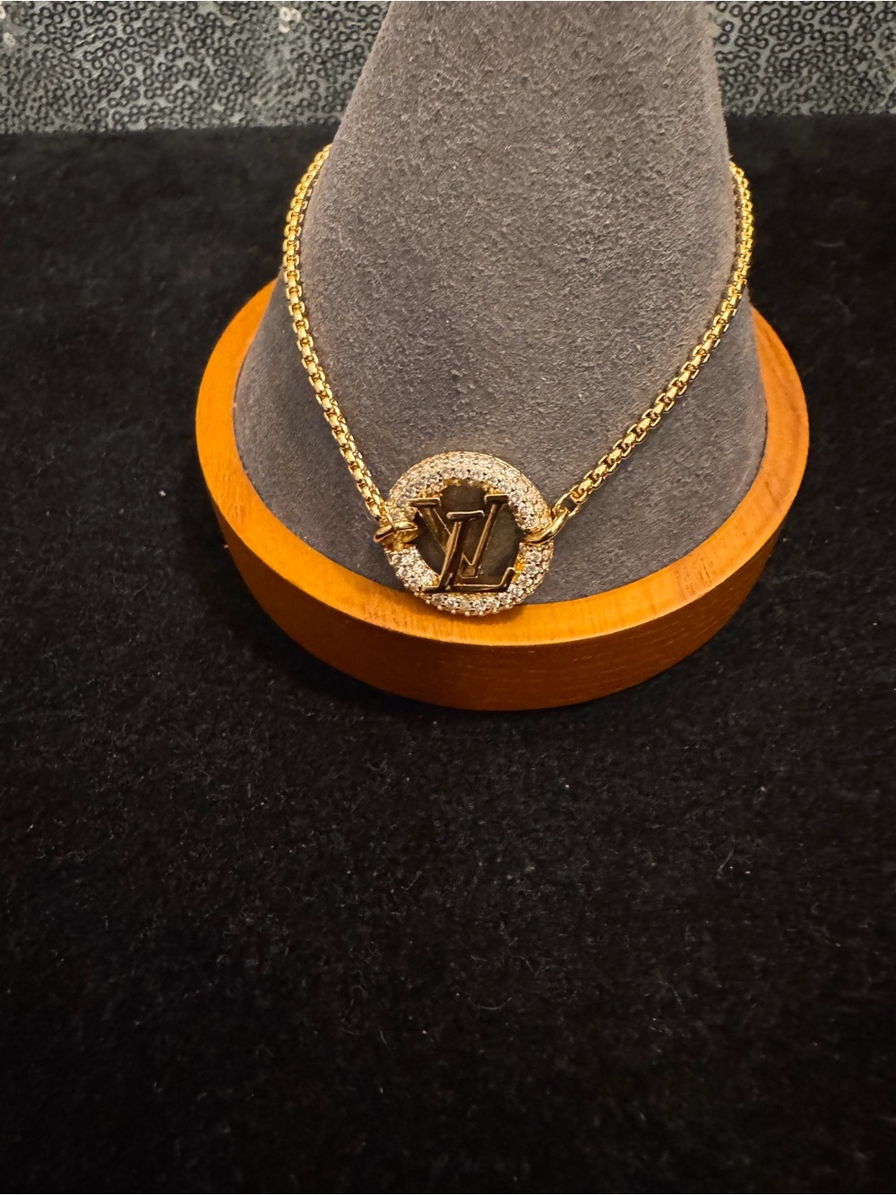 Louis Vuitton Gold-Tone Crystal LV Circle Pendant Necklace